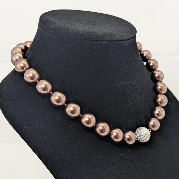 Patty Tobin 14mm Brandy Chocolate Shell Pearl Necklace Estate 130g • 925 Silver - Picture 8 of 11